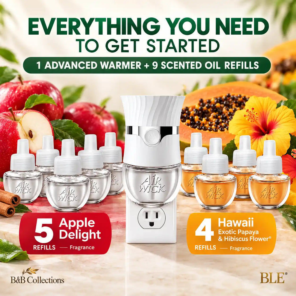 Air Wick Advanced Plug-In Scented Oil Starter Kit, 1 Warmer + 9 Refills, Apple Delight & Hawaii Exotic Papaya Hibiscus Flower, Up to 720 Days of Fragrance