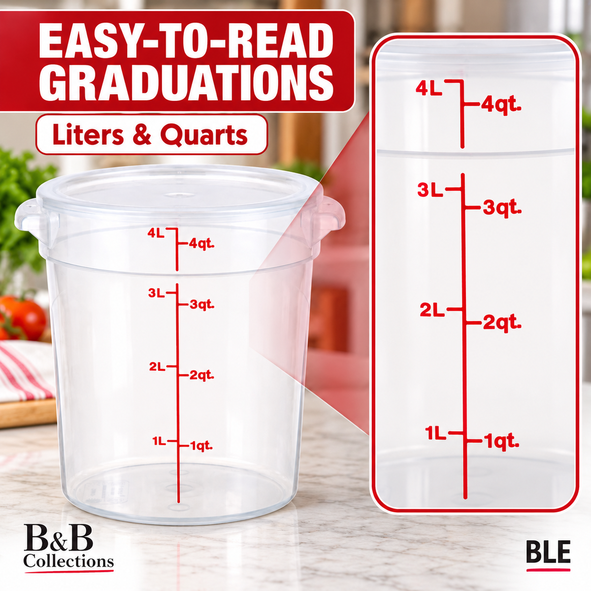 4 Qt Round Food Storage Container with Lid, Clear Graduated Container, Red Quart & Liter Measurement Markings, 3.8 L Capacity