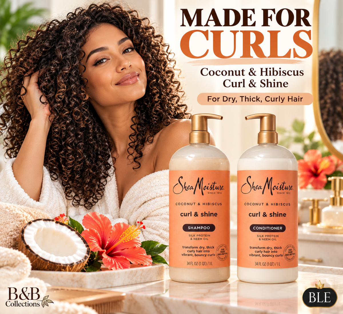 SheaMoisture Coconut & Hibiscus Curl & Shine Shampoo & Conditioner Set, Silk Protein & Neem Oil, 34 fl oz Each, 2 Count, 68 fl oz Total