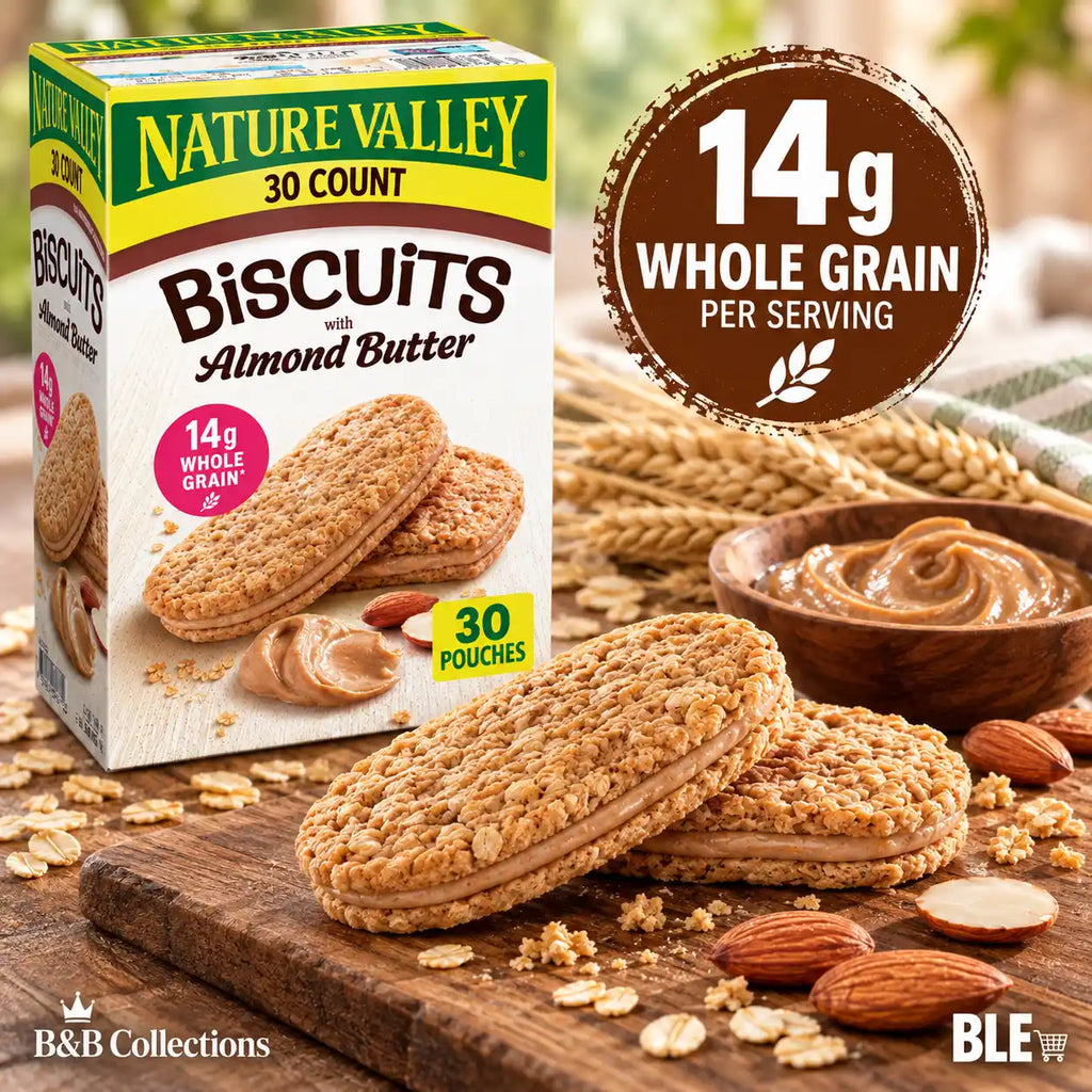 Nature Valley Biscuits with Almond Butter, Whole Grain Sandwich Biscuits, 14g Whole Grain, Individually Wrapped Snack Pouches, 30 Count