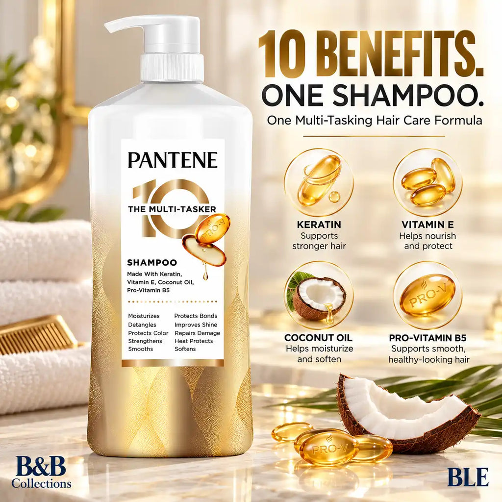 Pantene Pro-V The Multi-Tasker 10 Shampoo, 10-in-1 Hair Benefits, Keratin, Vitamin E, Coconut Oil & Pro-Vitamin B5, Moisturizing & Strengthening Hair Care, Pump Bottle