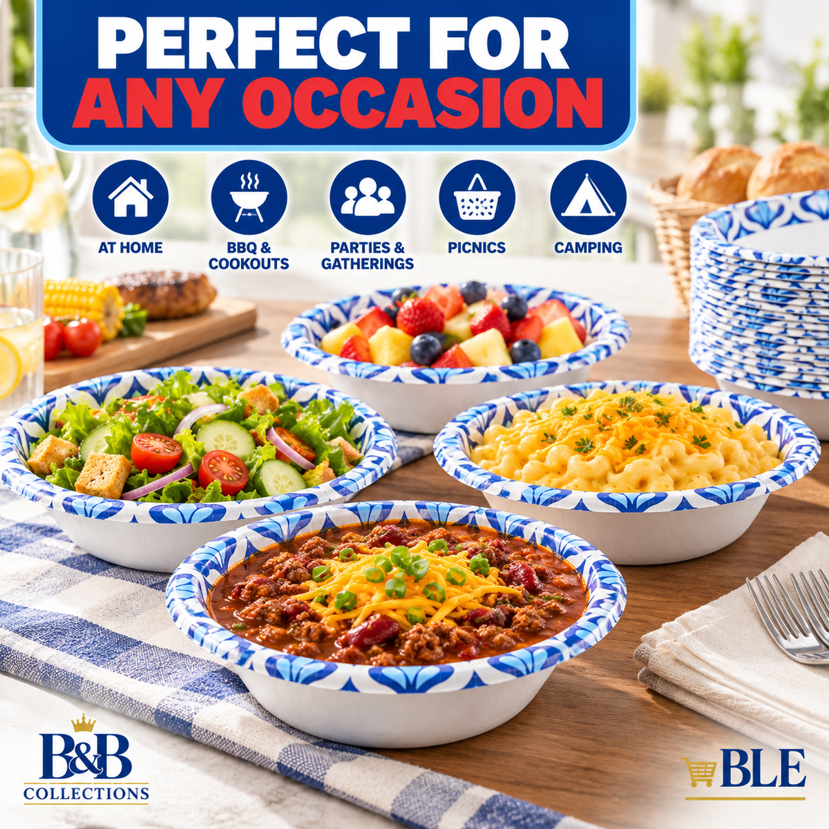 Dixie Ultra 20 oz Disposable Paper Bowls, Heavy-Duty, Soak-Proof, Microwave-Safe, Cut-Resistant, Blue & White Design, 135 Count