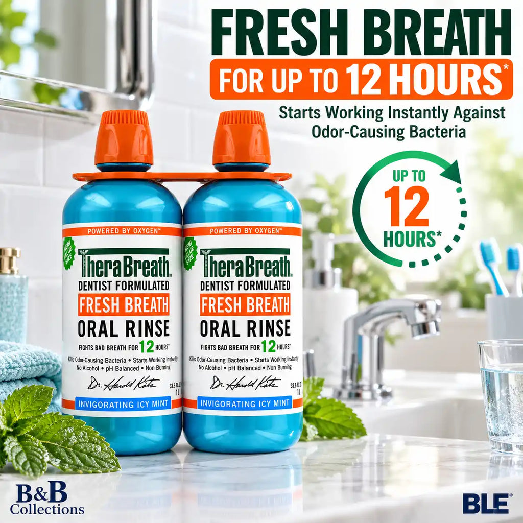 TheraBreath Fresh Breath Oral Rinse, Invigorating Icy Mint, Alcohol-Free Mouthwash, 1 L Bottles, 2 Pack