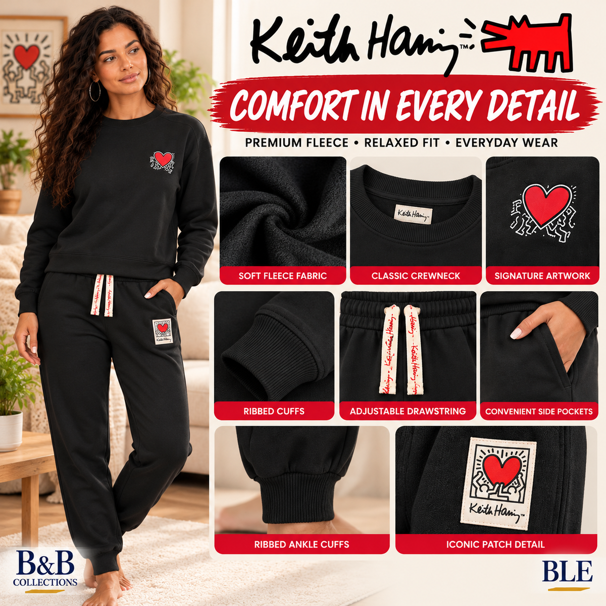 Keith Haring Women's 2-Piece Crewneck Sweatshirt & Jogger Fleece Lounge Set, Black, Medium