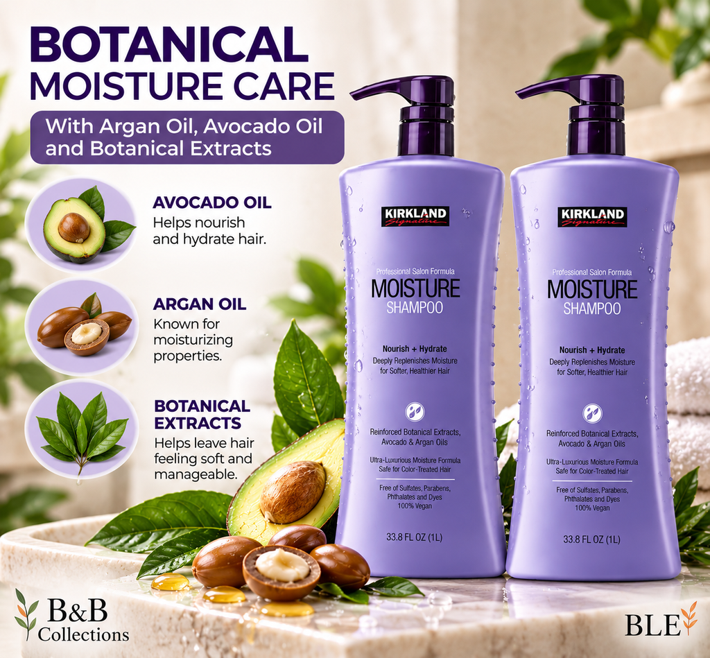 Kirkland Signature Moisture Shampoo, Nourish + Hydrate, Professional Salon Formula, Argan & Avocado Oil, Sulfate-Free, 33.8 fl oz Each, 2-Pack