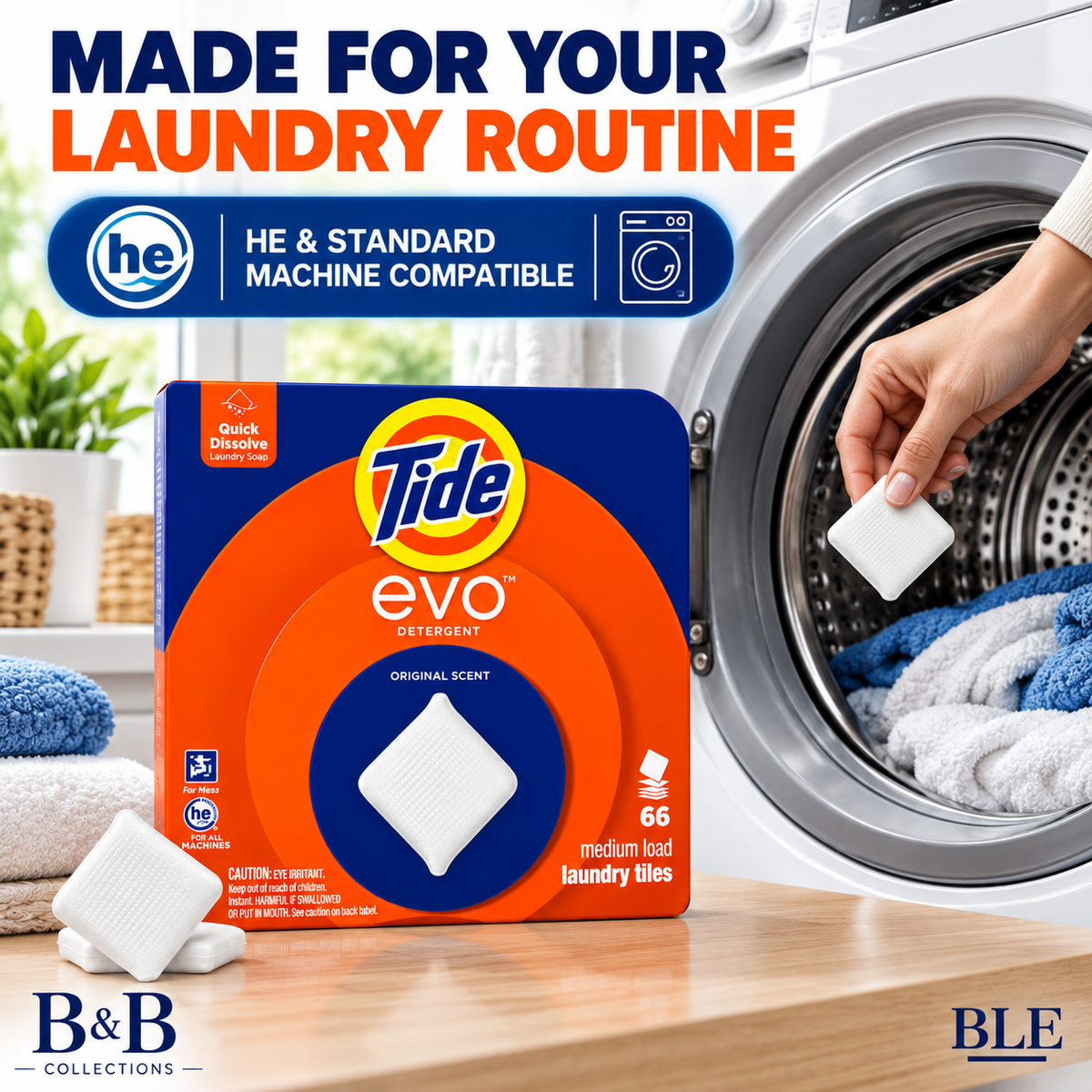 Tide evo Laundry Detergent Tiles, Original Scent, Quick Dissolve, HE Compatible, Medium Loads, 66 Count