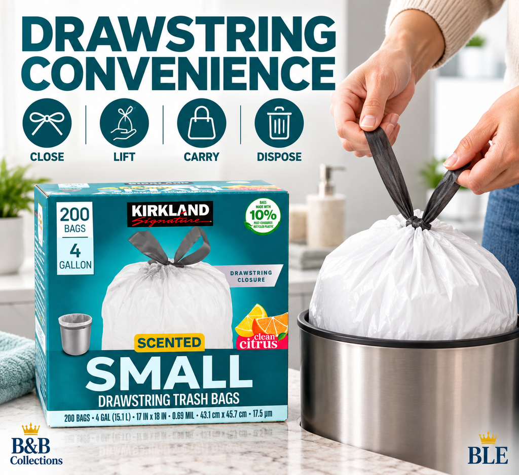 Kirkland Signature Scented Small Drawstring Trash Bags, 4 Gallon, Clean Citrus, 200 Count