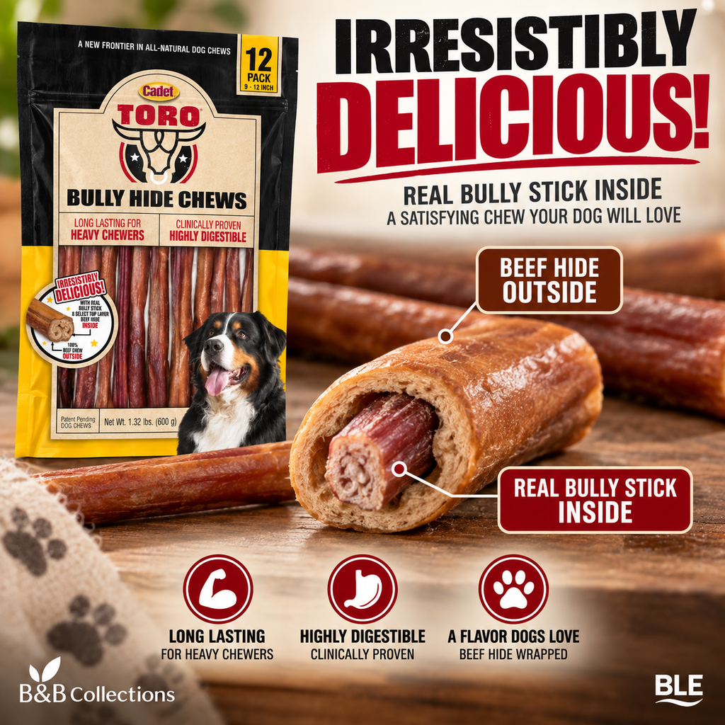 Cadet Toro Bully Hide Chews for Dogs, 9–12 Inch, Long Lasting Beef Hide Chews, 12 Pack, 1.32 lb