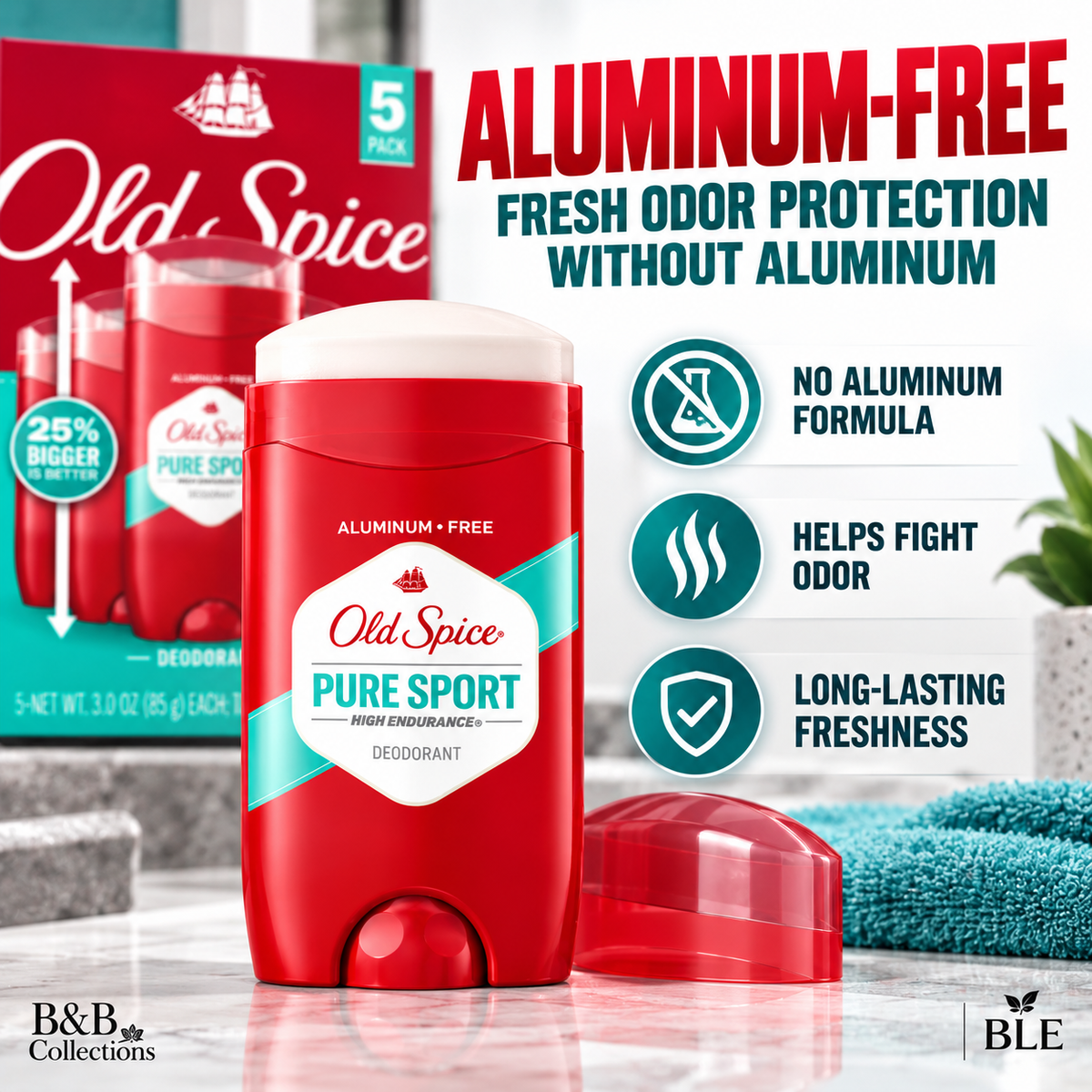 Old Spice High Endurance Pure Sport Deodorant for Men, 48-Hour Odor Protection, Aluminum-Free, 3 oz Each (5 Pack)