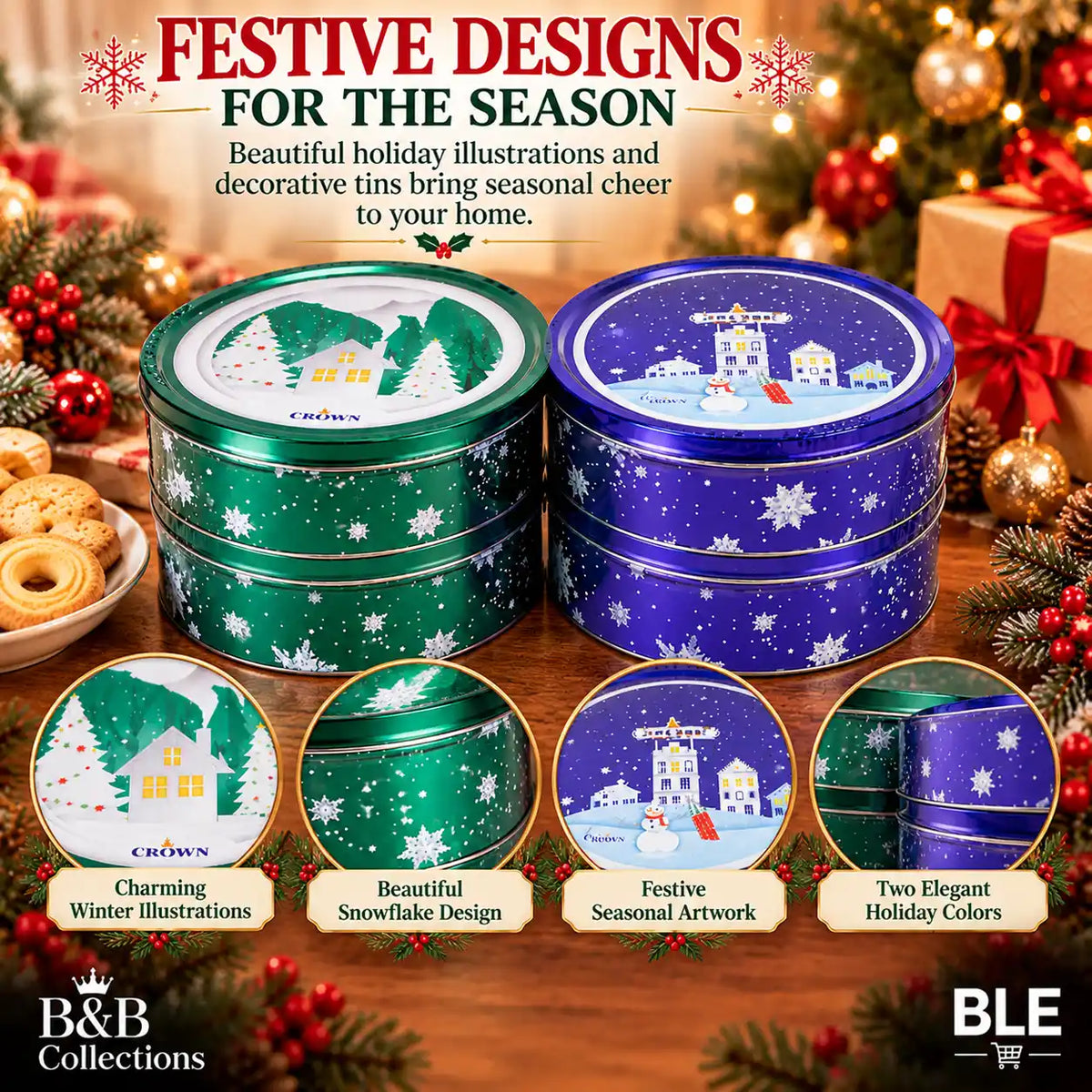 Holiday Winter Village Decorative Cookie Tins, Assorted Christmas Designs, Green & Purple Metal Tins, 4-Pack, 4 lb Total