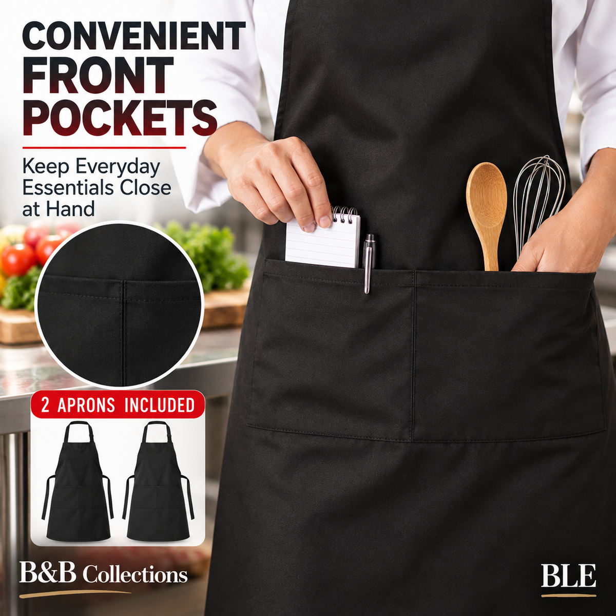 Nouvelle Legende Commercial Grade Kitchen Bib Aprons, Black, One Size, 2 Pack