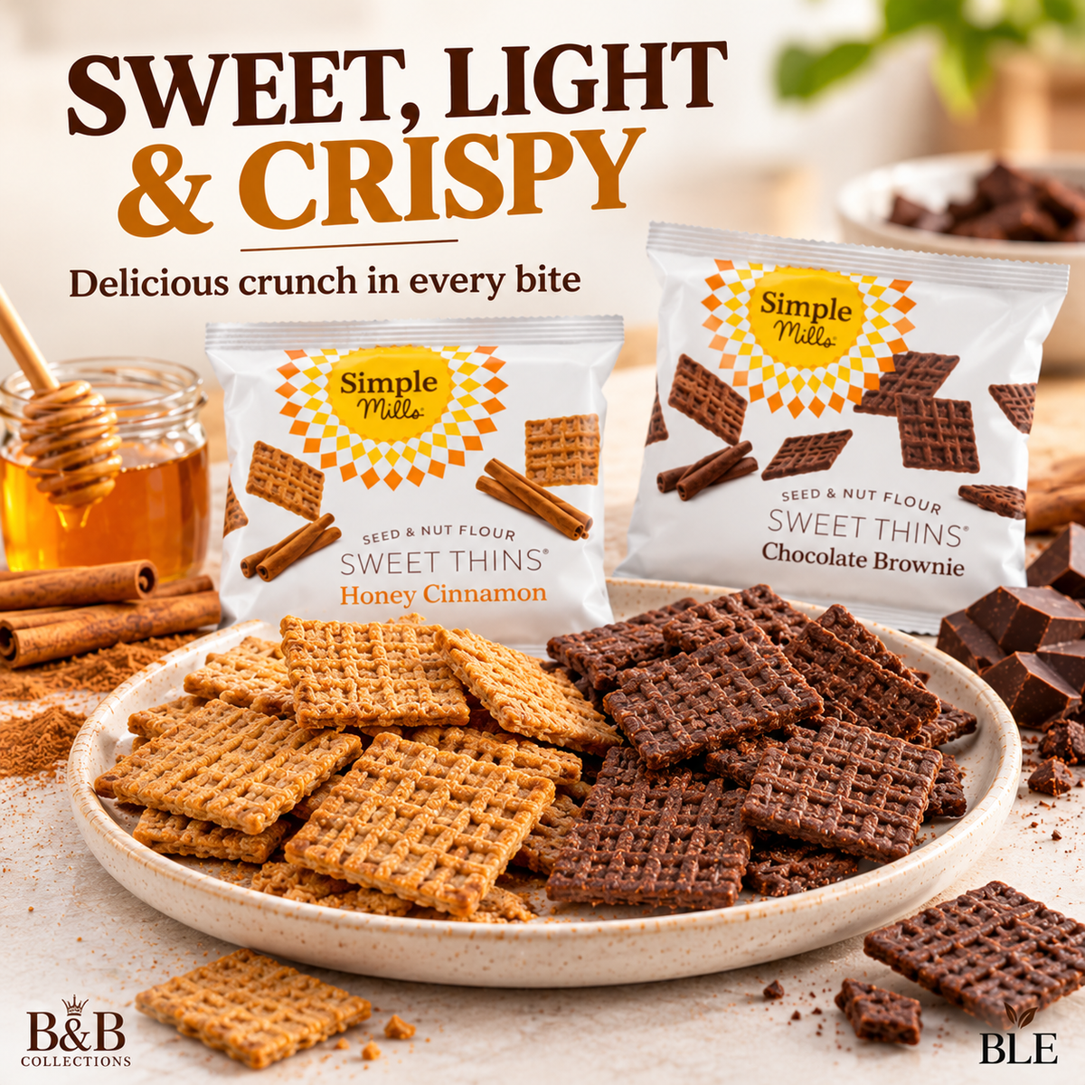 Simple Mills Seed & Nut Flour Sweet Thins Variety Pack, Honey Cinnamon & Chocolate Brownie, Gluten-Free Sweet Snack Crackers, 24 Individual Packs, 19.2 oz