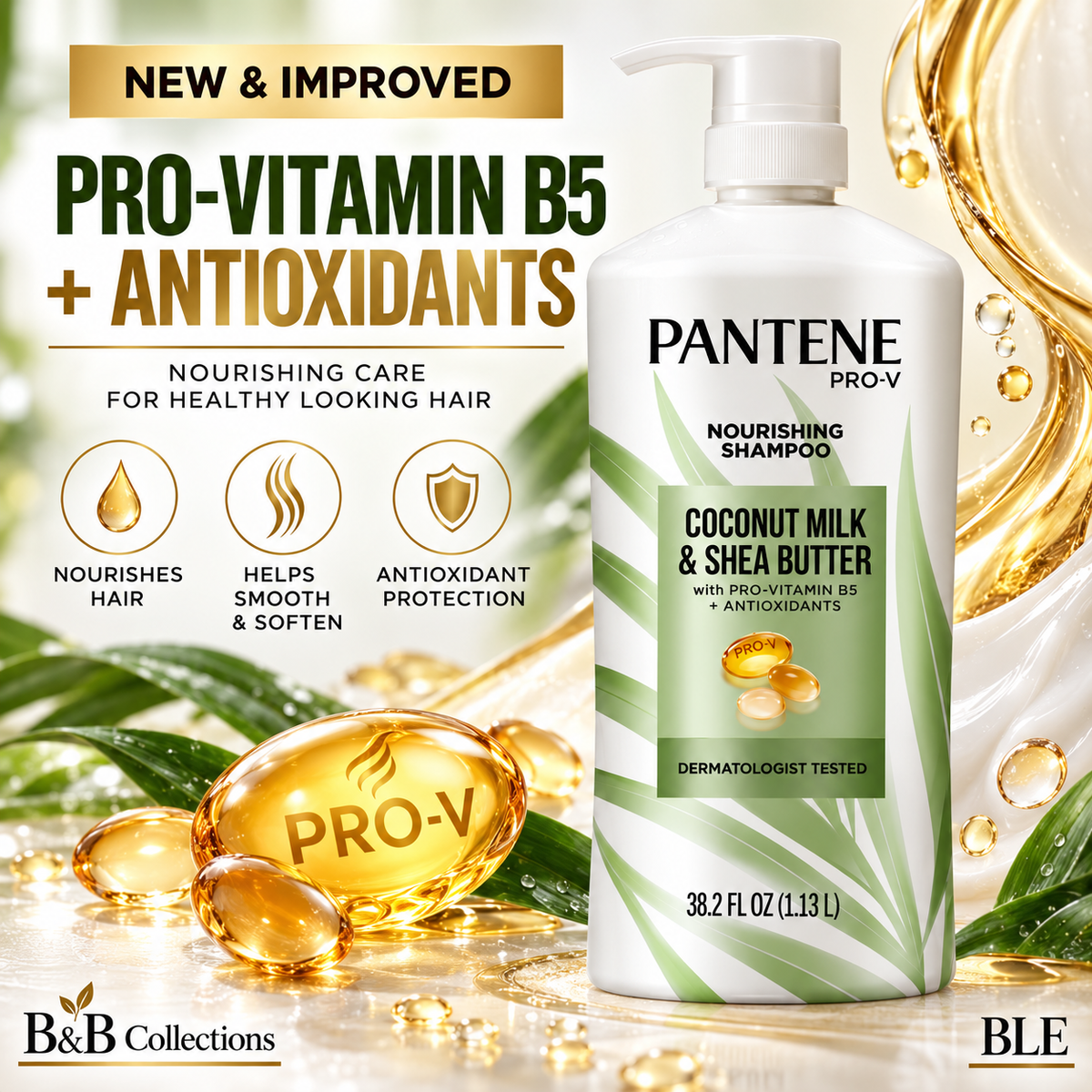 Pantene Pro-V Coconut Milk & Shea Butter Nourishing Shampoo, Pro-Vitamin B5 + Antioxidants, Frizz Control, Pump Bottle, 38.2 fl oz