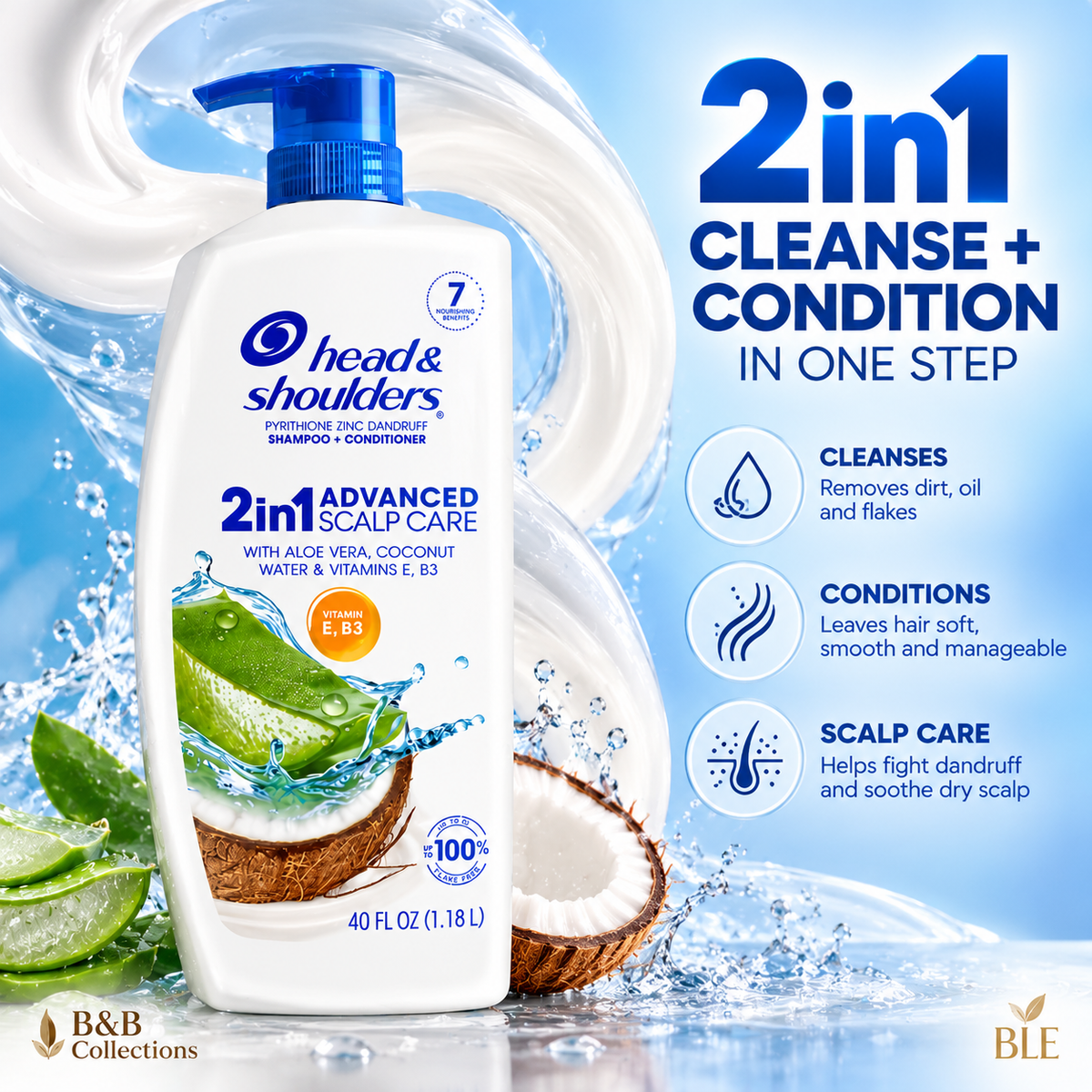 Head & Shoulders 2-in-1 Advanced Scalp Care Anti-Dandruff Shampoo & Conditioner with Aloe & Coconut Water, Vitamin E & B3, 40 fl oz
