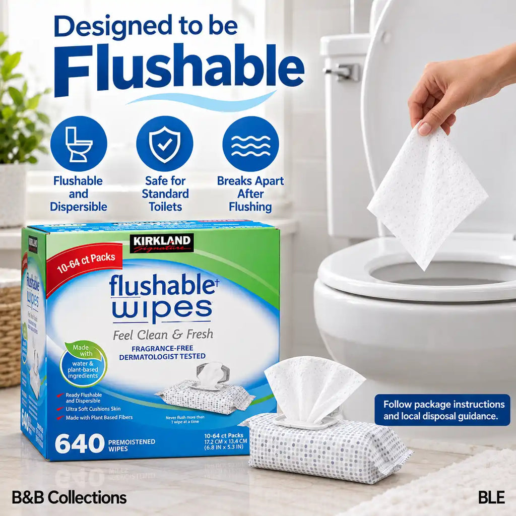 Kirkland Signature Flushable Wipes, Fragrance-Free, Dermatologist Tested, Ultra Soft, 10 Packs, 64 Wipes Each, 640 Count