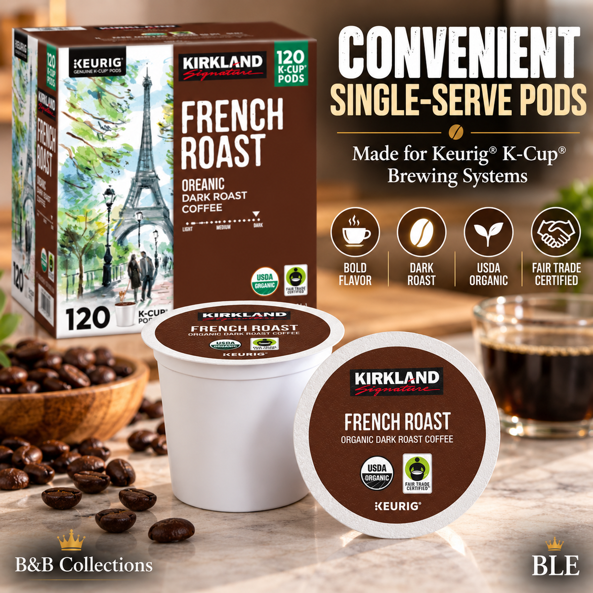 Kirkland Signature Organic French Roast Coffee K-Cup Pods, Dark Roast, Keurig Compatible, USDA Organic, Fair Trade Certified, 120 Count