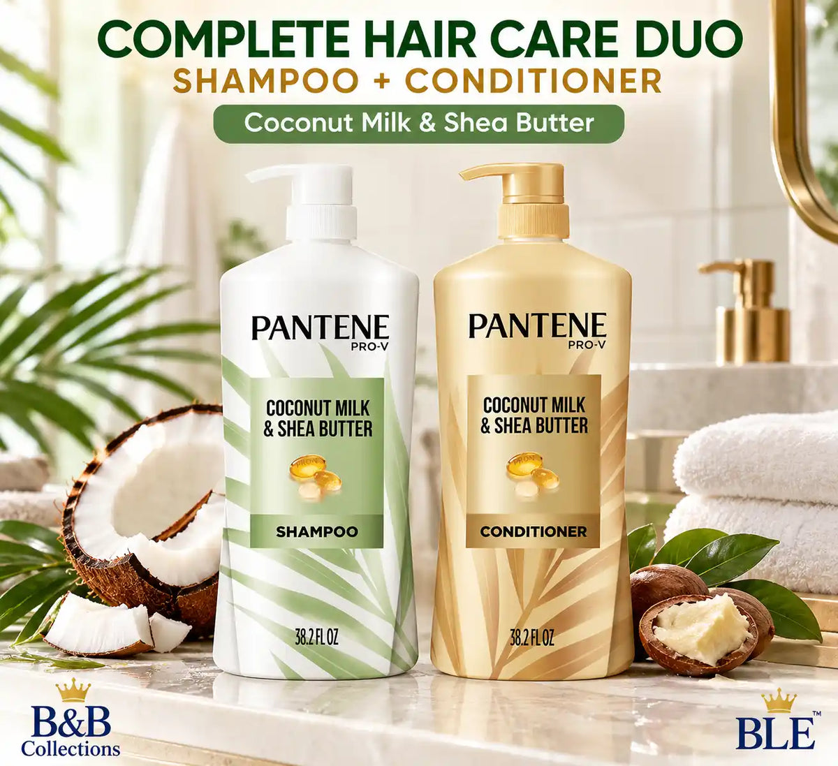 Pantene Pro-V Coconut Milk & Shea Butter Shampoo & Conditioner Set, 38.2 fl oz Each, 2 Pack, 76.4 fl oz Total