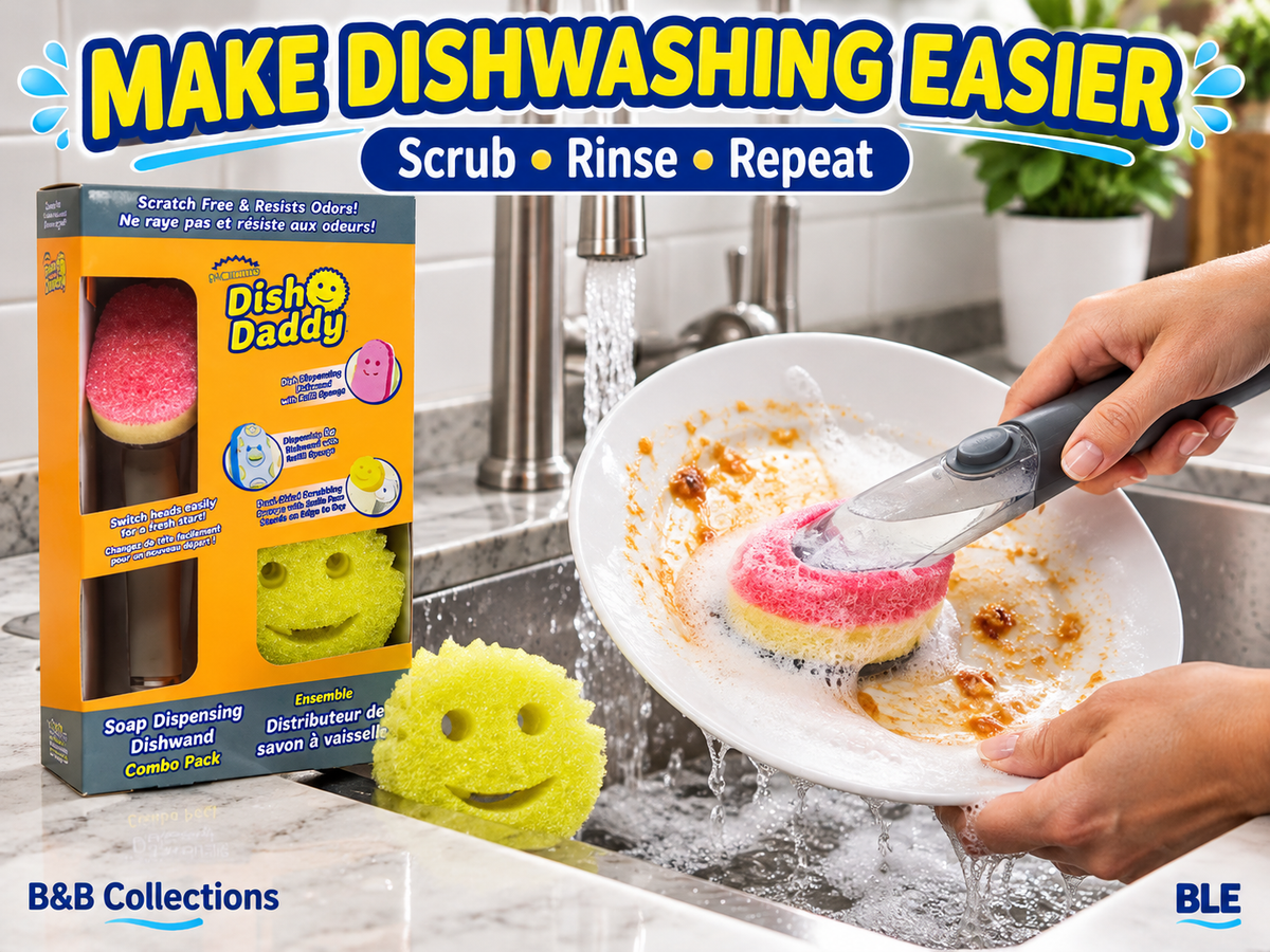 Dish Daddy Soap Dispensing Dishwand Combo Pack, Scratch-Free Scrubbing, Built-In Soap Dispenser, Reusable Dish Cleaning Brush & Scrubber Set