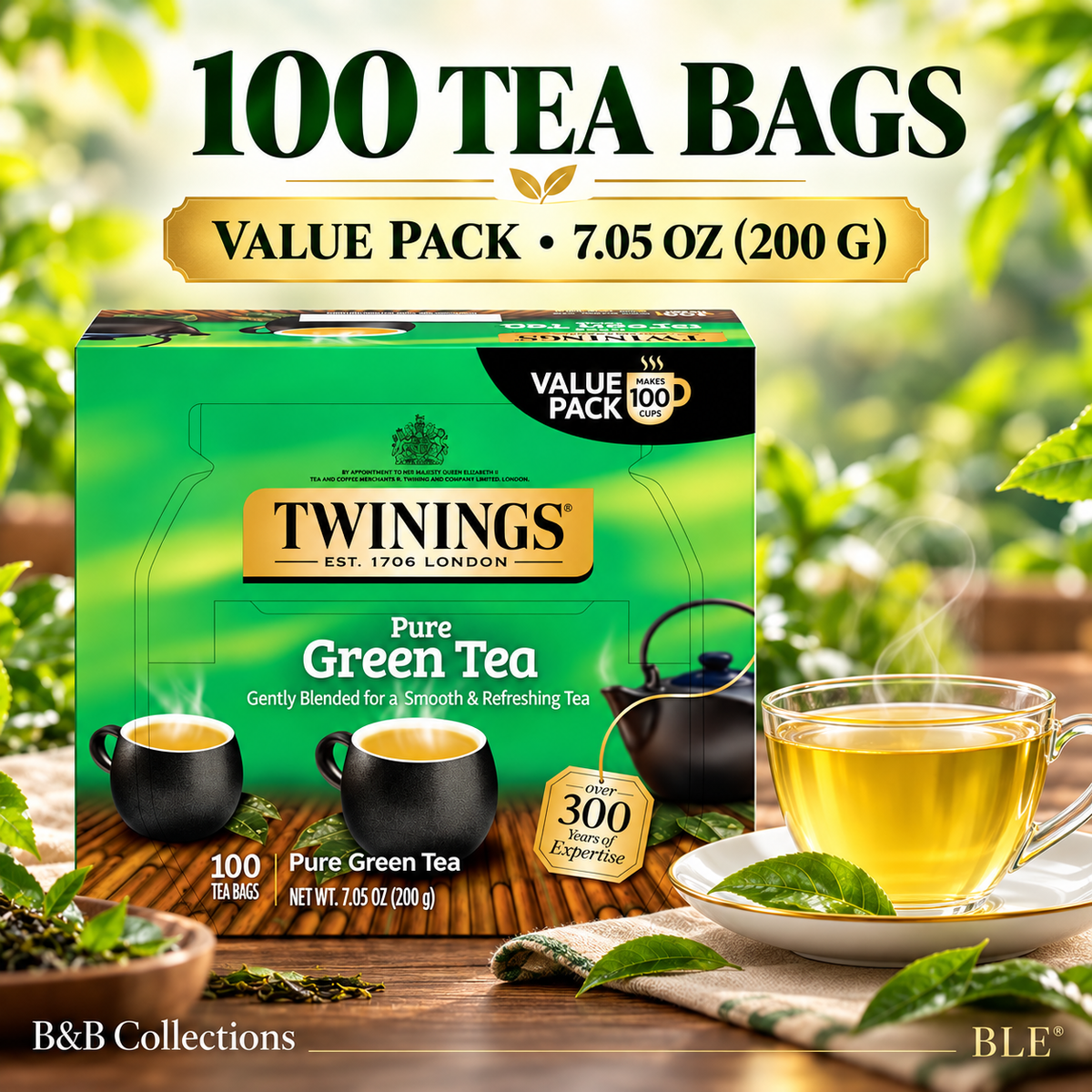 Twinings Pure Green Tea, Smooth & Refreshing Tea Bags, 100 Count, 7.05 oz (200 g)