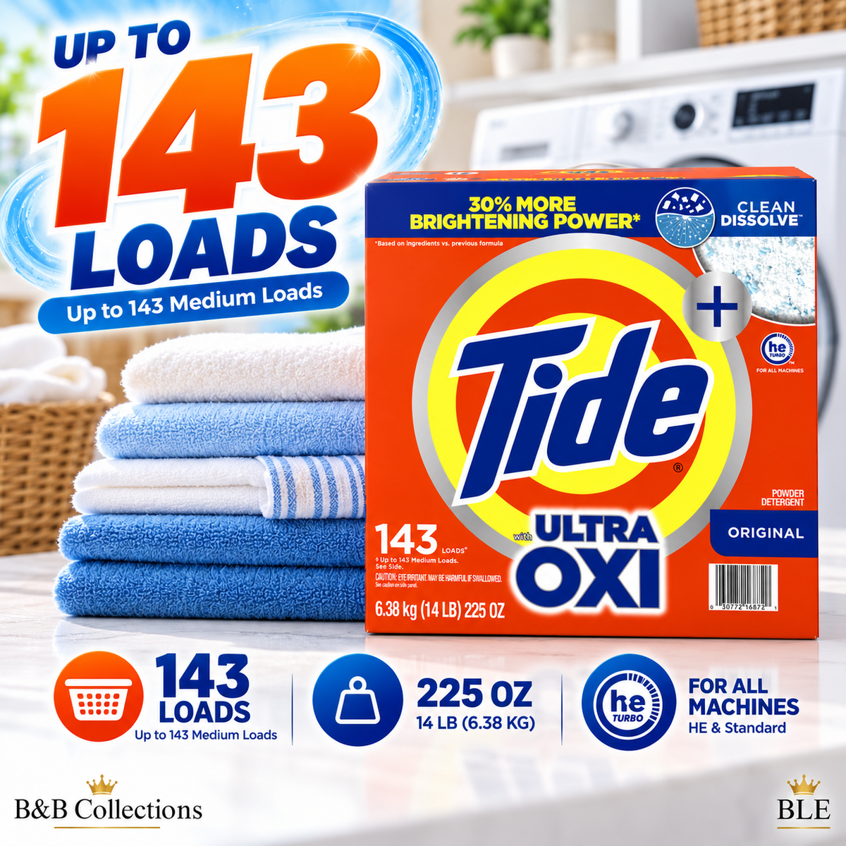 Tide Ultra OXI Original Powder Laundry Detergent, HE Compatible, Clean Dissolve, 143 Loads, 225 oz (14 lb)