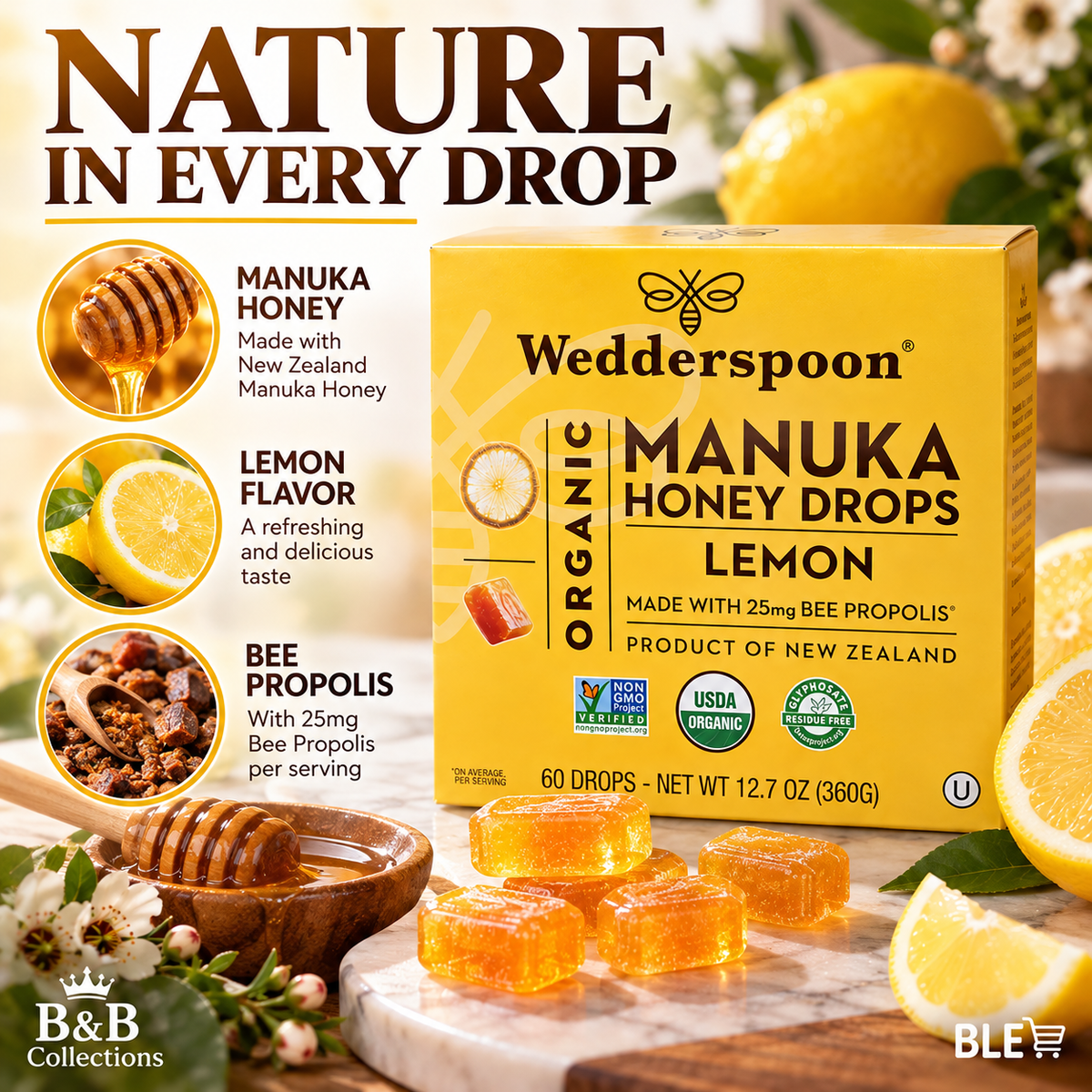 Wedderspoon Organic Manuka Honey Drops, Lemon Flavor, Made with 25mg Bee Propolis, Slow-Dissolving Honey Lozenges, 60 Drops, 12.7 oz (360g)