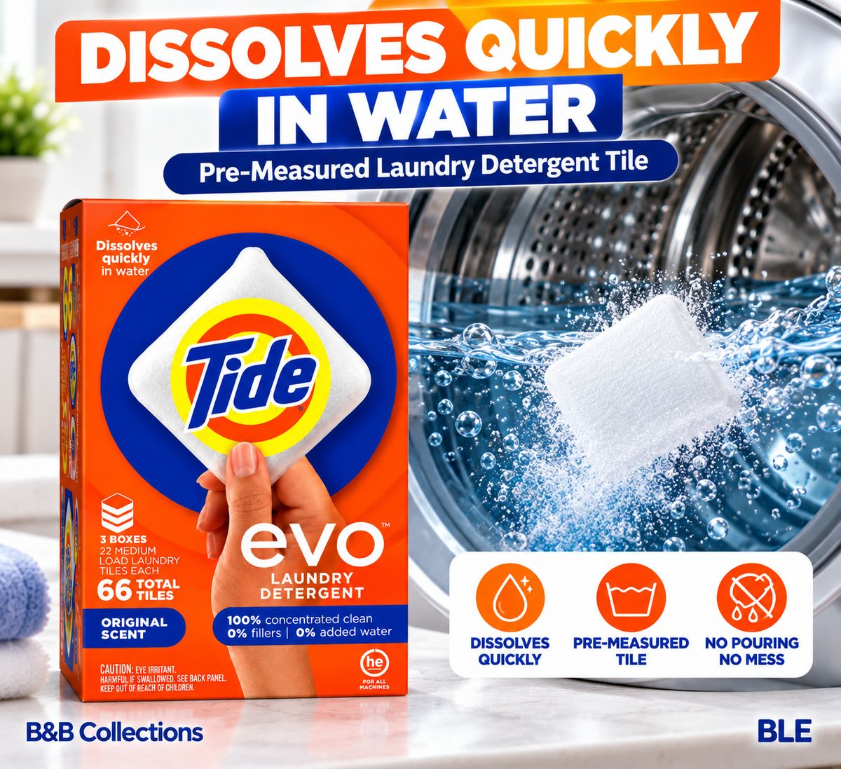 Tide evo Laundry Detergent Tiles, Original Scent, 66 Total Tiles, 3 Boxes, Concentrated Pre-Measured Laundry Detergent