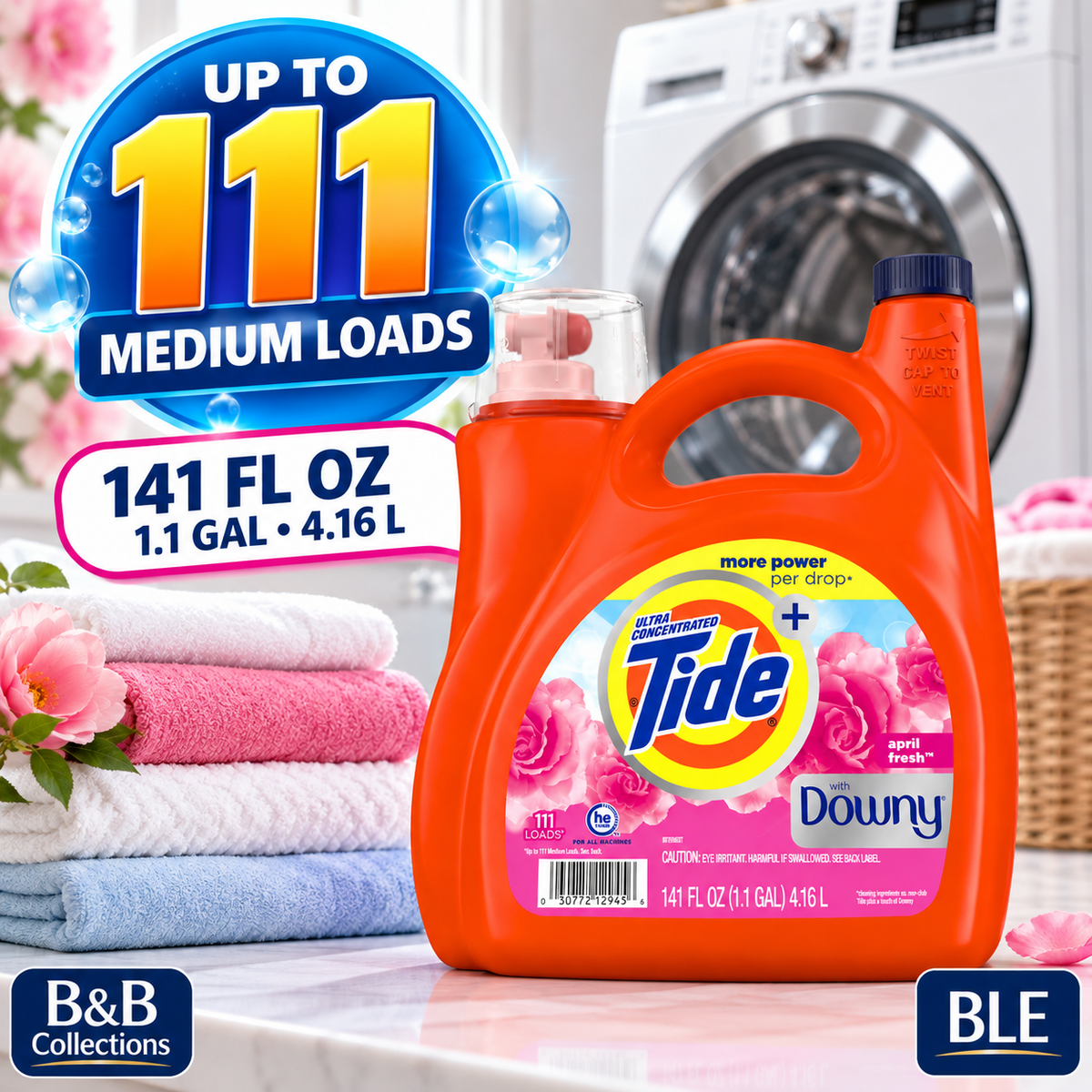 Tide Ultra Concentrated Liquid Laundry Detergent with Downy, April Fresh, HE Compatible, 111 Loads, 141 fl oz
