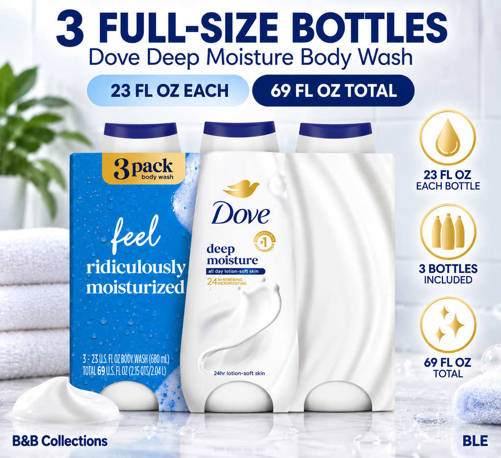 Dove Deep Moisture Body Wash, 24Hr Lotion-Soft Skin, 23 fl oz Each, 3 Pack, 69 fl oz Total