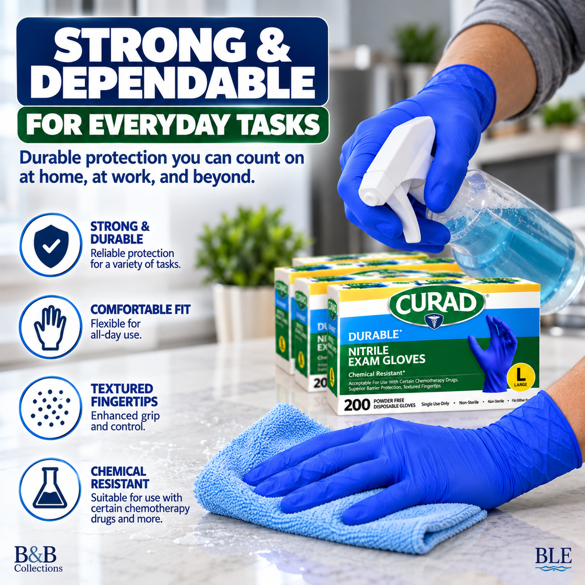 CURAD Durable Nitrile Exam Gloves, Large, Powder-Free, Chemical Resistant, Latex-Free, Disposable, Non-Sterile, 600 Count (3 Boxes of 200)