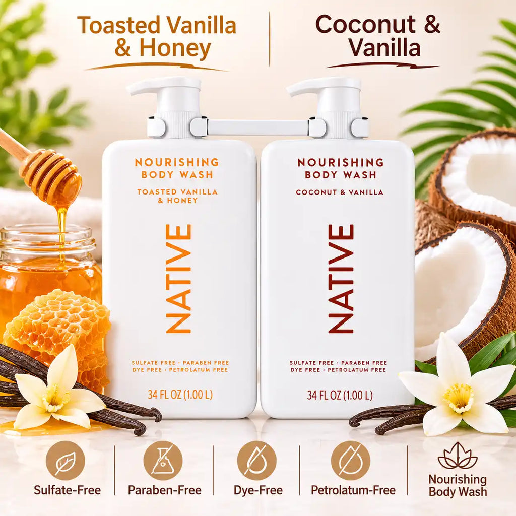 Native Nourishing Body Wash Variety 2-Pack, Toasted Vanilla & Honey + Coconut & Vanilla, Sulfate-Free, Paraben-Free, 34 fl oz Each, 68 fl oz Total