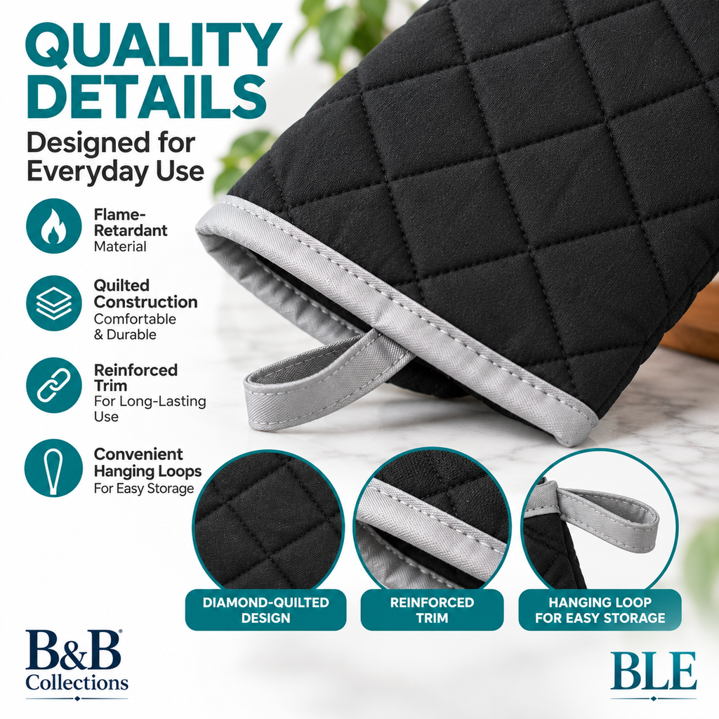 Nouvelle Legende Flame Retardant Quilted Oven Mitts, Heat-Resistant Kitchen & Outdoor Cooking Gloves, Black, 2-Pack