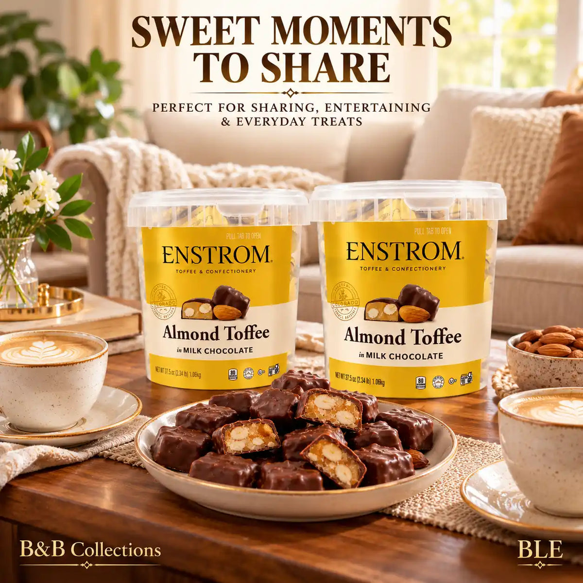 Enstrom Almond Toffee in Milk Chocolate, 37.5 oz Each, Premium Chocolate-Covered Almond Toffee, Crunchy Butter Toffee with Roasted Almonds, Gourmet Candy Gift Tubs, 2-Pack (75 oz Total)