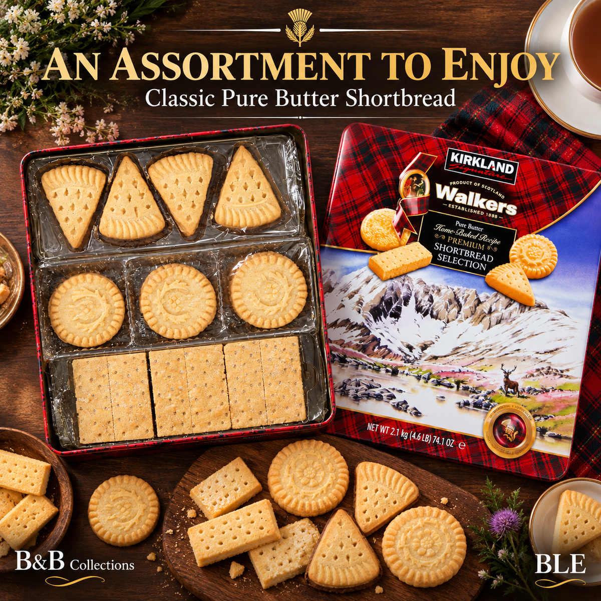 Kirkland Signature Premium Shortbread Selection by Walkers, 4.6 lb (2.1 kg) – Assorted Pure Butter Scottish Shortbread Cookies in Collectible Tin