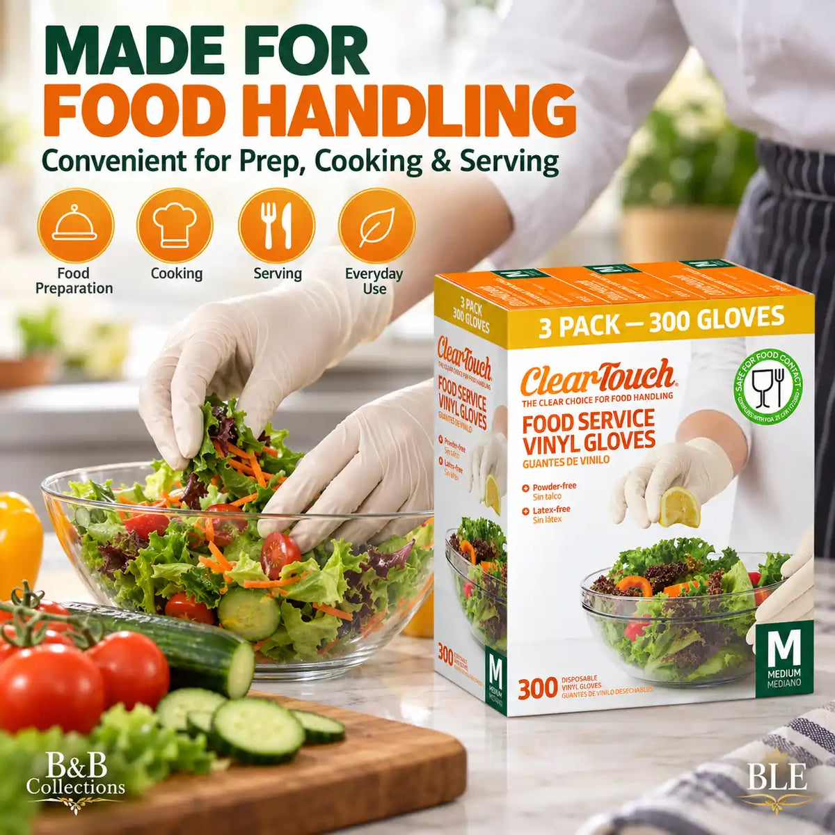 ClearTouch Food Service Vinyl Gloves, Medium Size, Powder-Free, Latex-Free, Disposable Gloves for Food Handling, Cooking, Cleaning & Everyday Use, 300 Count (3 Pack)