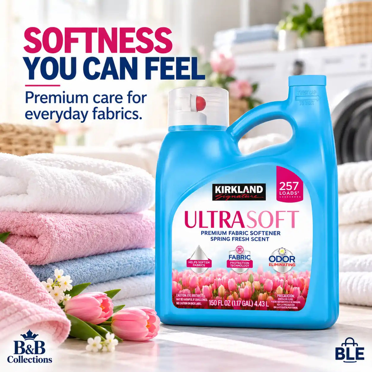 Kirkland Signature UltraSoft Premium Fabric Softener, Spring Fresh Scent, Odor Eliminating, Fabric Protection, 150 fl oz (4.43 L), 257 Loads