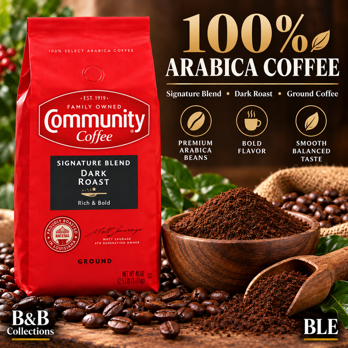 Community Coffee Signature Blend Dark Roast Ground Coffee, Rich & Full-Bodied, 100% Arabica, 40 oz