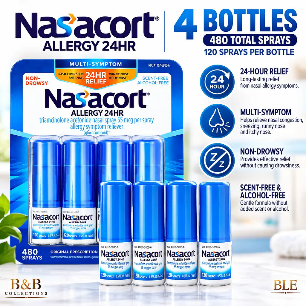 Nasacort Allergy 24HR Multi-Symptom Nasal Spray, 55 mcg, Non-Drowsy, Scent-Free & Alcohol-Free, 120 Sprays per Bottle, 480 Total Sprays, 4 Pack