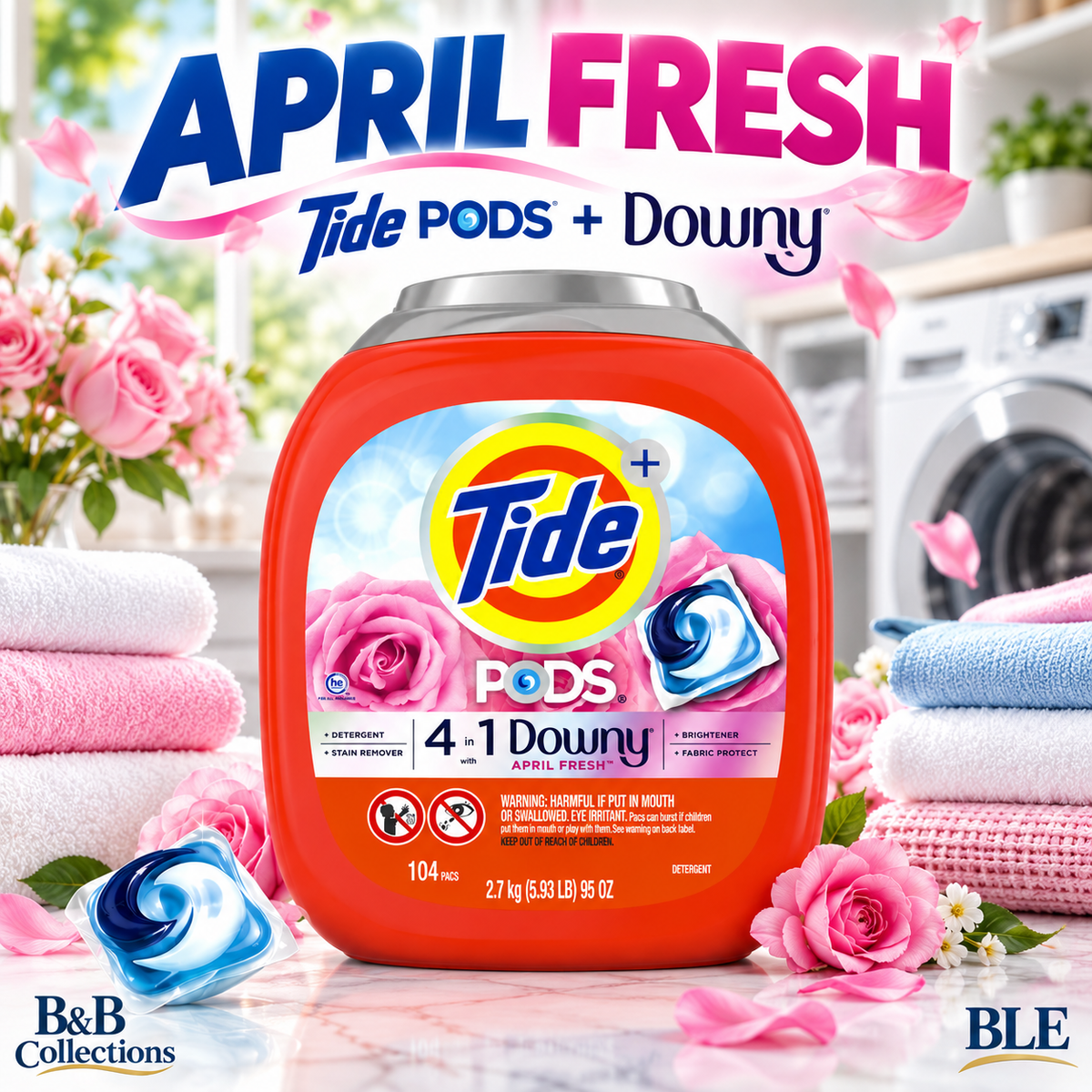 Tide PODS + Downy 4-in-1 Laundry Detergent Pacs, April Fresh, Stain Remover, Brightener & Fabric Protect, 104 Count, 95 oz