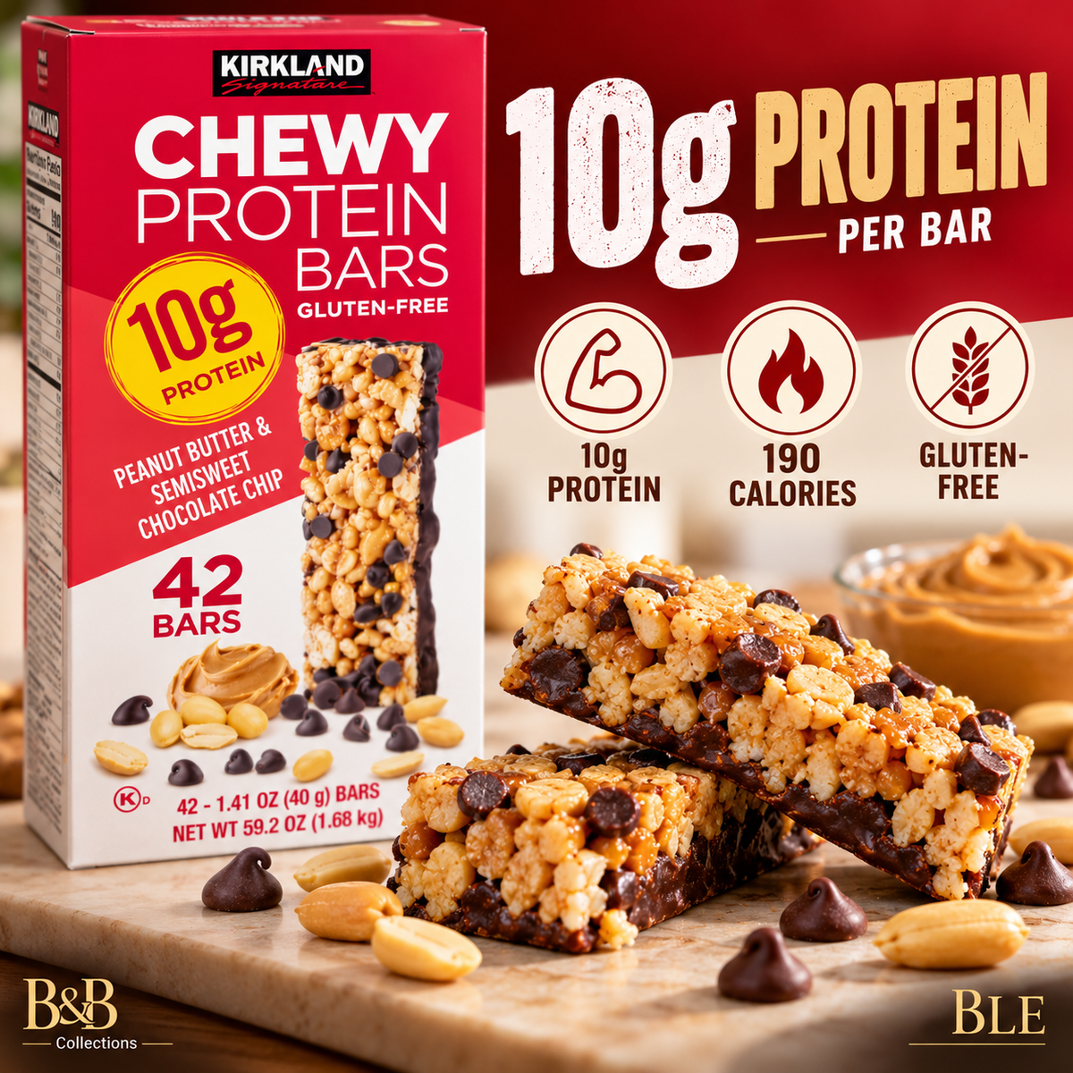 Kirkland Signature Chewy Protein Bars, Peanut Butter & Semisweet Chocolate Chip, 10g Protein, Gluten-Free, 1.41 oz Bars, 42 Count
