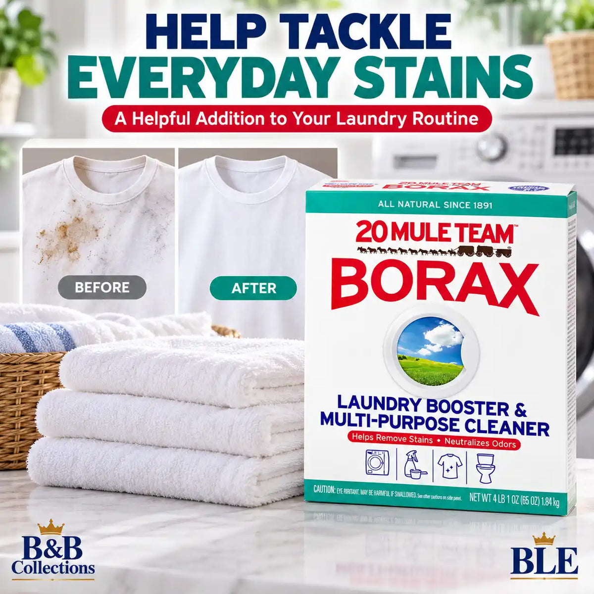 20 Mule Team Borax Laundry Booster & Multi-Purpose Household Cleaner, Helps Remove Stains & Neutralize Odors, All Natural, 4 lb (65 oz / 1.84 kg)