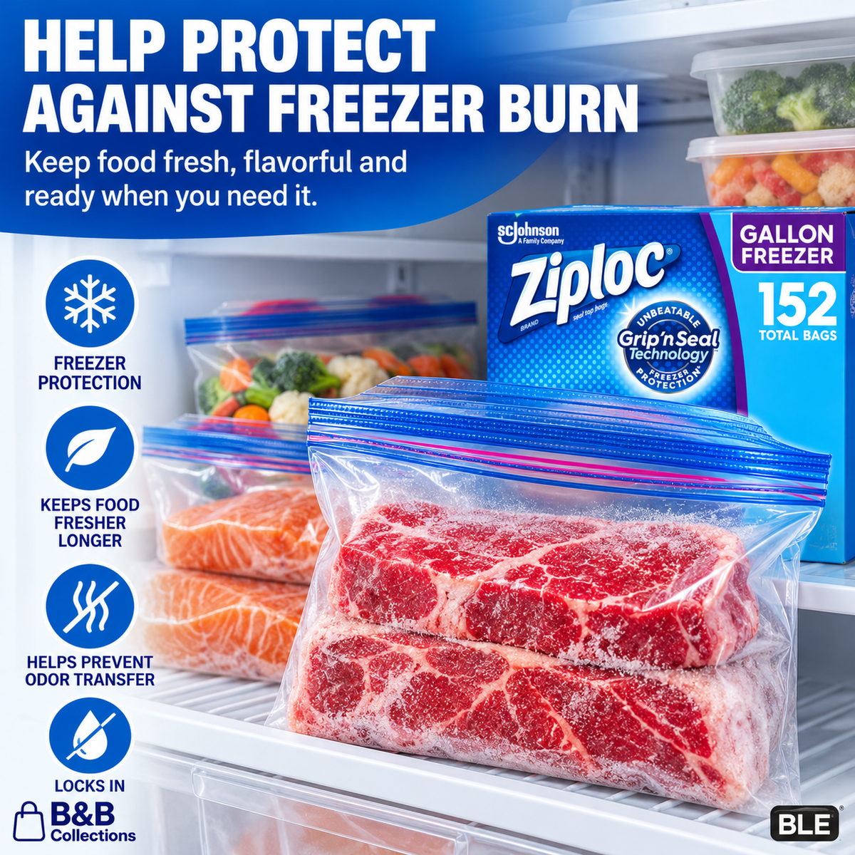 Ziploc Gallon Freezer Bags, Double Zipper Grip 'n Seal Technology, Easy Open Tabs, Freezer-Safe Food Storage Bags, 152 Count