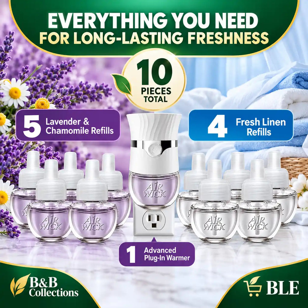 Air Wick Advanced Plug-In Scented Oil Air Freshener Starter Kit, Lavender & Chamomile and Fresh Linen, 1 Warmer + 9 Refills, Up to 720 Days of Fragrance, 7.56 fl oz