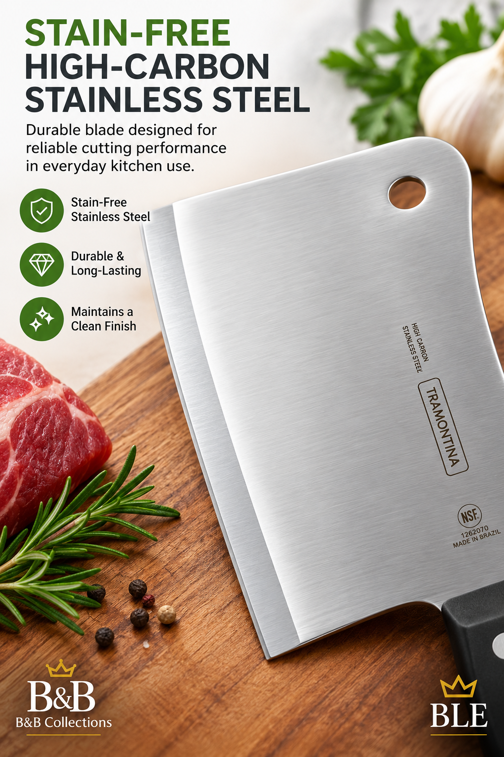 Tramontina Pro Line 6-Inch Chef's Cleaver, High-Carbon Stainless Steel Blade, Black Polycarbonate Handle, NSF Certified, Professional Kitchen Meat Cleaver