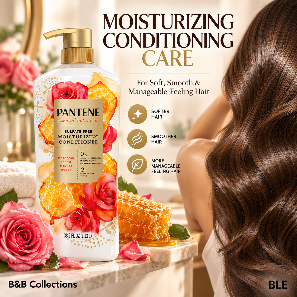 Pantene Essential Botanicals Moisturizing Conditioner with Moroccan Rose & Manuka Honey, Sulfate Free, 38.2 fl oz