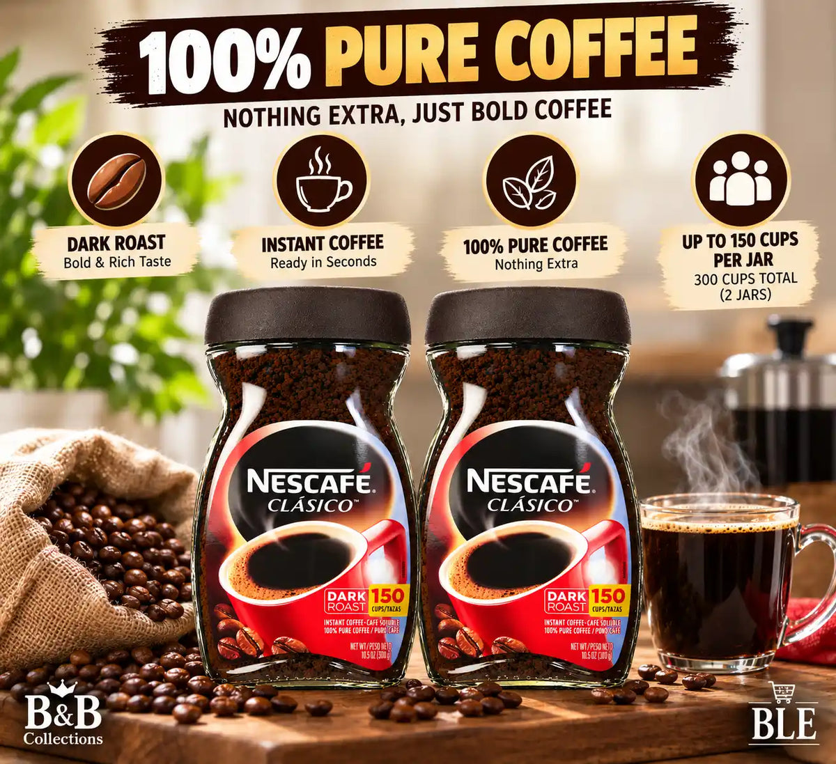 NESCAFÉ CLÁSICO Dark Roast Instant Coffee, 10.5 oz Jars, 2 Pack, 21 oz Total, Makes Up to 300 Cups