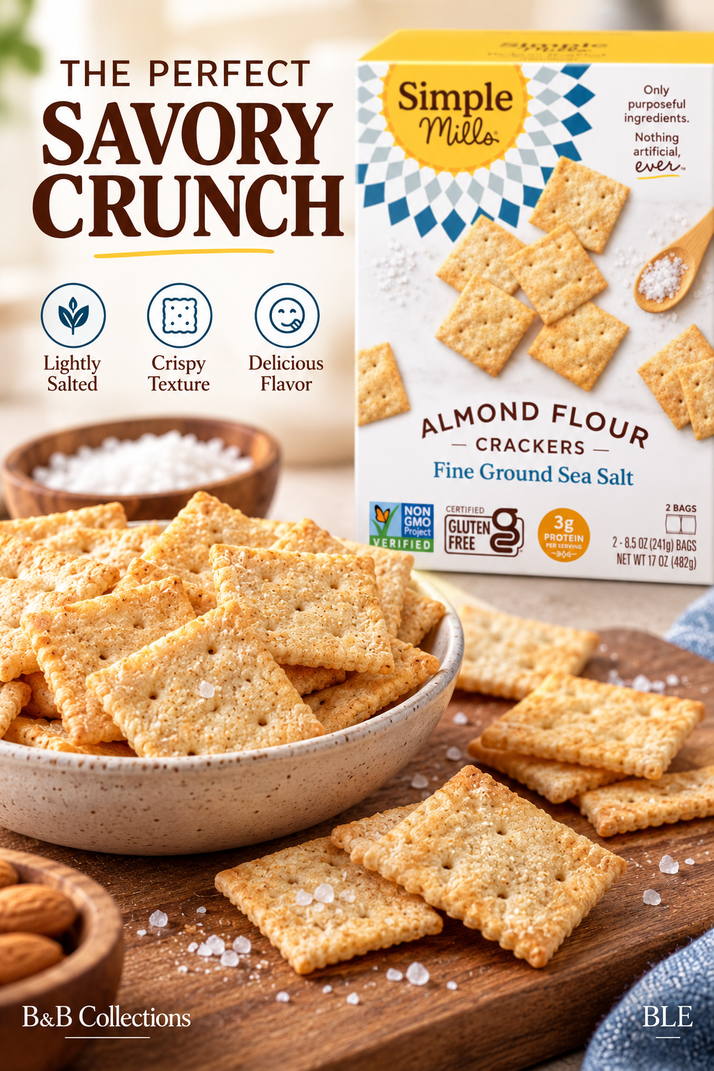 Simple Mills Almond Flour Crackers, Fine Ground Sea Salt, Gluten-Free, Grain-Free, Non-GMO, Vegan, Paleo-Friendly, 3g Protein, 2 Bags (8.5 oz Each)