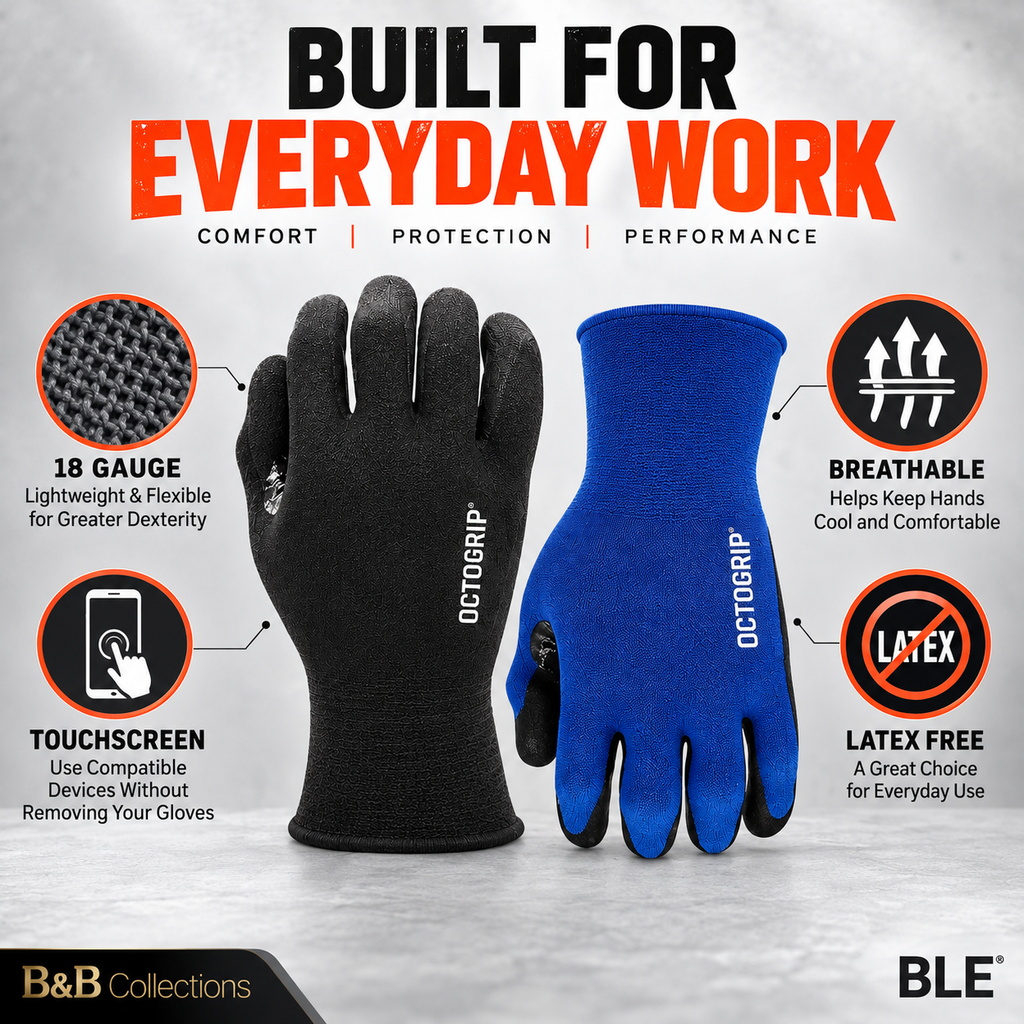 Octogrip Nitrile Coated Work Gloves, 18 Gauge Breathable Touchscreen Work Gloves, Size Large, 6 Pairs