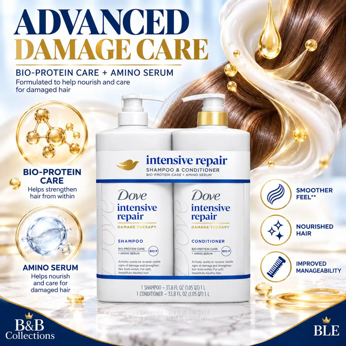 Dove Intensive Repair Shampoo & Conditioner Set, Damage Therapy with Bio-Protein Care + Amino Serum, 33.8 fl oz Each, 2 Pack, 67.6 fl oz Total