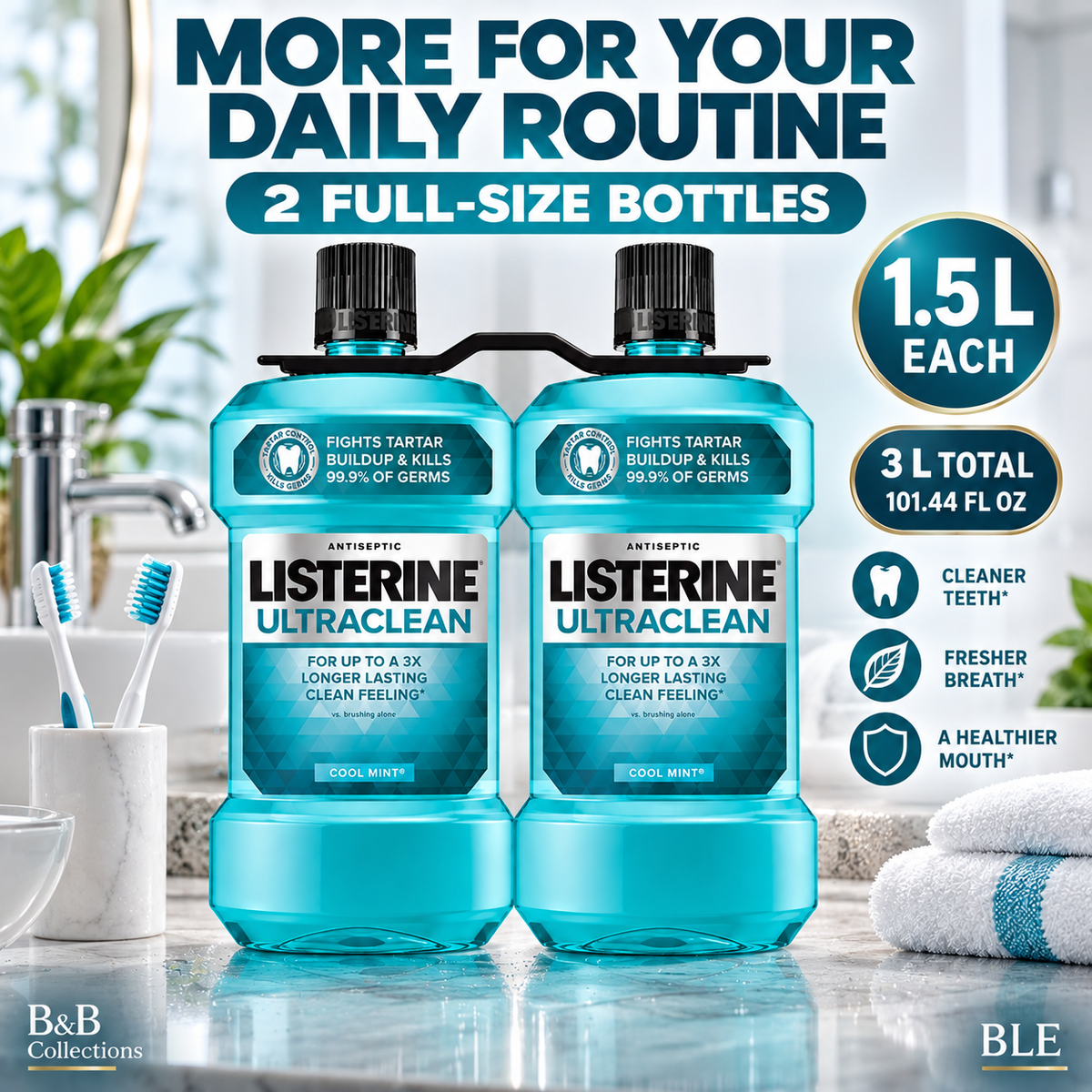 Listerine Ultraclean Antiseptic Mouthwash, Cool Mint, 1.5 L / 50.72 fl oz Each, Pack of 2