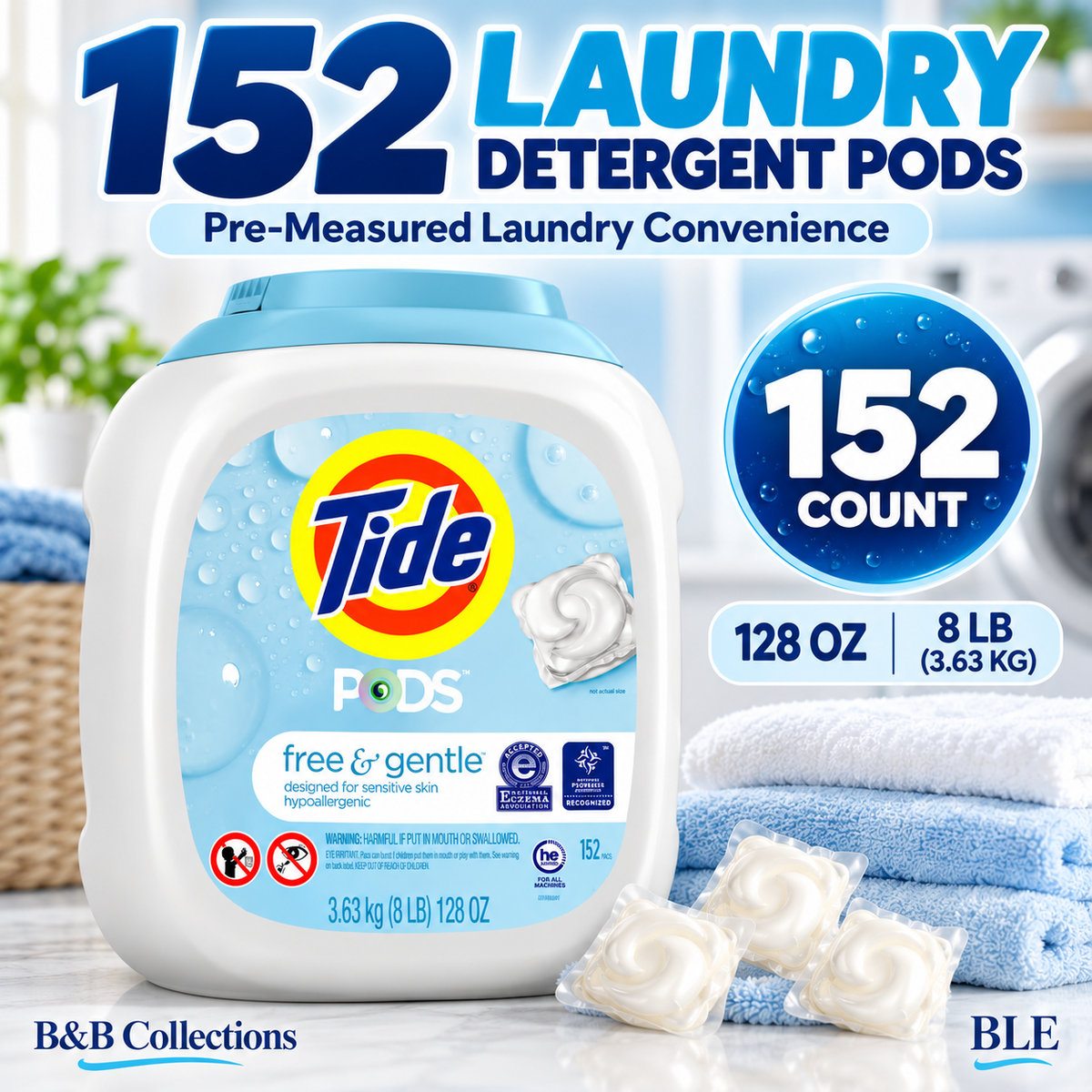 Tide PODS HE Laundry Detergent Pacs, Free & Gentle, Hypoallergenic, Sensitive Skin, 152 Count, 128 oz